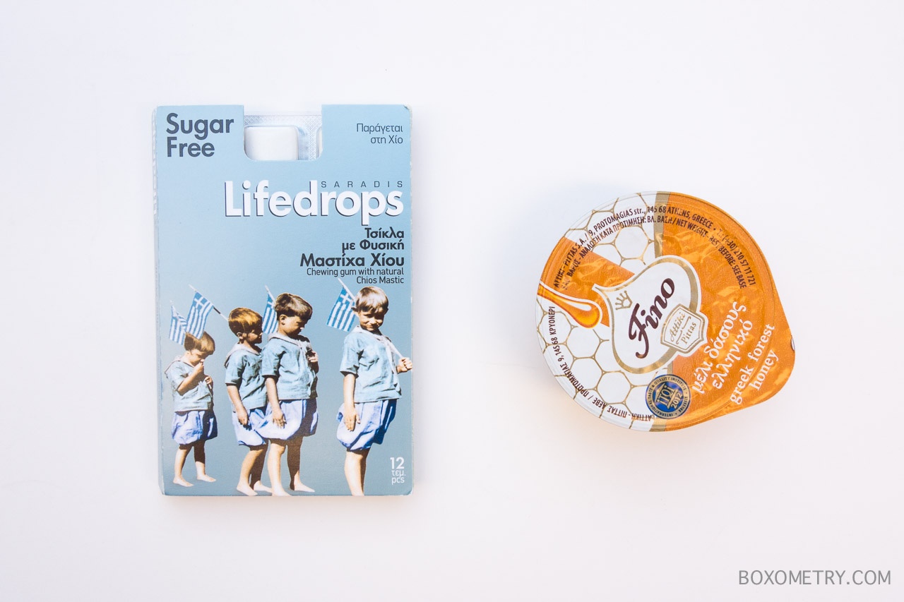 Boxometry July 2015 GreekPack Review - Sarantis LifeDrops Sugar Free Mastic Gum and Fino Greek Forest Honey